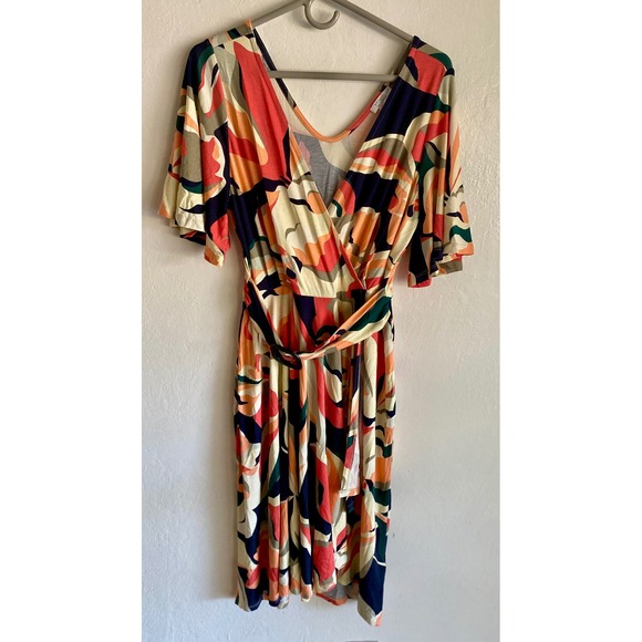 Venus LASCANA M Dress Colorful Abstract Print Wrap Midi EUC - Picture 1 of 7